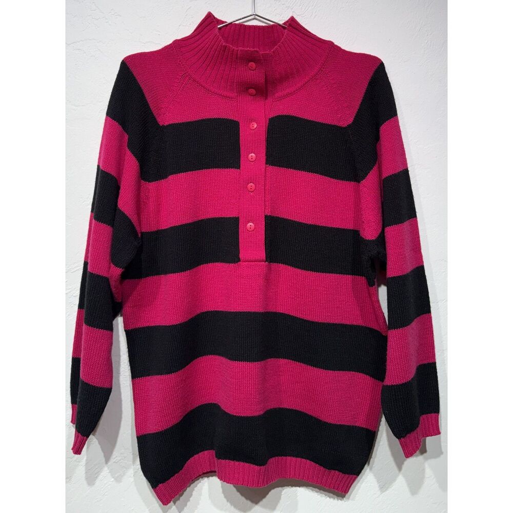 Vintage Knit Sweater Striped Prestige Global Sz Small Pink & Black Mock Neck